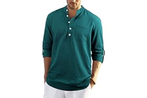 Enlision Uomo Camicia in Lino di Cotone Manica Lunga Henley Shirt con Bottoni Casual Hawaii in Tinta Unita Maglietta T-Shirt da Uomo per Interni Spiaggia Hippie