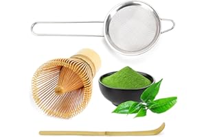ERCORART Matcha Whisk - 3 Piece Matcha Set with Authentic Japanese Bamboo Whisk (Chasen), Scoop (Chashaku), Stainless Steel Sifter, Essential Tools for Japanese Tea Ceremony, Tea Powder & Latte