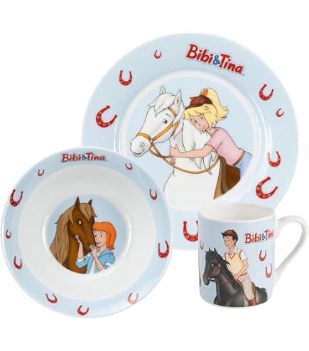 Bibi & Tina - Set di 3 stoviglie per bambini, in porcellana, colore: Rosso