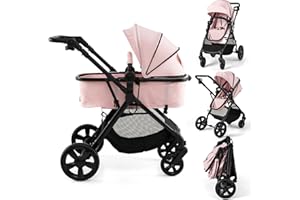 COSTWAY 2 in 1 Baby Pushchair, Foldable Travel System Pram with Reversible Seat, Adjustable Canopy & Handle, Storage Basket, Cup Holder, Lightweight Infant Stroller for 0-36 Months (Pink)