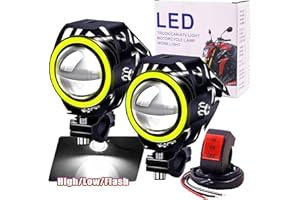 Ourbest 2x Motorcycle Headlights With Angel Eyes Lights U7 DRL Fog Driving Lamps for Cars Bike Boat ATV Front Spotlights High/Dim/Strobe 3 Modes White Color with Switch