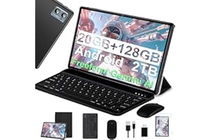 SUAAT Tablette Android avec 20 Go de RAM + 128 Go de ROM (2TB TF Extensible), 10 Pouces, WiFi 6, 8-Cores, GMS, 8MP+5MP, Widevine L1, Play Store, Tablette Tactile avec Clavier| Souris| Etui-Noir