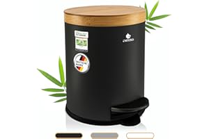 Exitoso Pattumiera da bagno da 5 l, colore nero, con coperchio in legno di bambù e abbassamento automatico, con cuscinetto antiscivolo, pattumiera a pedale, in acciaio inox, per il bagno