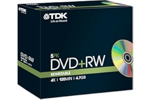 TDK T18444 4.7GB 4x Speed 120min DVD+RW Disc in Jewel Case (Pack of 5)