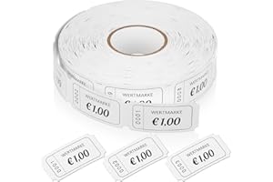 Nezyo Value Tokens Roll 1000 Sheets Perforated Value Tokens Consecutive Number Food Stamps Roll Drinks Marks Roll Demolition Cards for Shops Bar Wedding Party Carnival (White, 1 Euro)