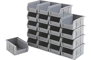 BiGDUG Plastic Parts Bins - Stackable or Wall Mounted Storage Boxes Garage Organiser Louvre Free Standing - Pack of 20 - 75H x 100W x 165D mm - Grey