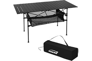 Hauki Table de Camping Pliante Noire, 118 x 55 x 64,5 cm, Plateau de Table Enroulable en Aluminium, avec Sac de Transport, Table d'Extérieure avec Poche Rétractable, Table Roulante de Jardin, Voyage