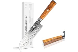 FUJUNI Couteau Santoku, Couteau Lame Damas en Acier Damas 67 Couche VG10 Acier 18 cm Couteaux de Chef avec Manche Ergonomique en Bois d'olivier, Boîte Cadeau