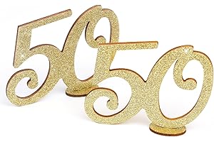 ‎OBLIQUE UNIQUE Oblique Unique Holz Zahl 50 mit Ständer Set Glitzer Holzdeko Tischdeko zur Verzierung Dekoration für Geburtstag Party zum Basteln