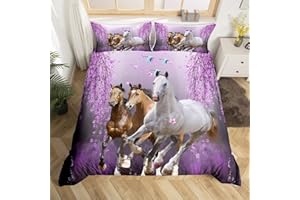 LOUSSIESD Copripiumino per ragazzi con cavallo e rami di ciliegio, per bambini, donne, lavanda, viola, set di biancheria da lettogaloppo, cavallo, copripiumino, decorazione animale, per camera da letto, 2 pezzi