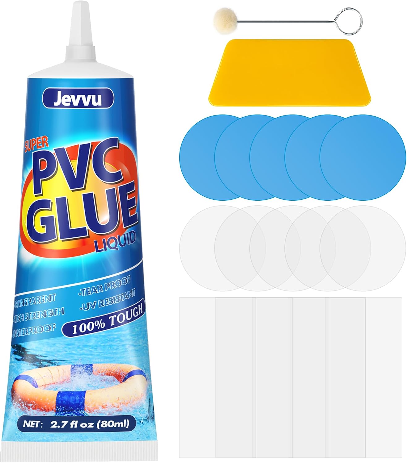Jevvu Pool Repair Kit, 80ml Heavy Duty Waterproof Air Mattress Patch Kit for Hot Tub, Pool, Boat & Inflatables – Includes Patches, Scraper & Applicator Tool