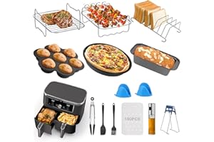 BEEDOVE Luftfritteusen-Zubehör-Set mit 13 Stück für Ninja Dual AF451UK AF300UK AF400UK Tower T17088, inklusive 100 Papiereinlagen für 7,6–9,5 l Dual-Zonen-Luftfritteuse, Edelstahl-Racks, Backformen und