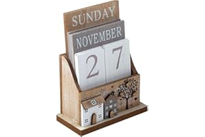SiL Interiors Wooden Perpetual Calendar Desktop Eternal Calendar Blocks - House Tree Design