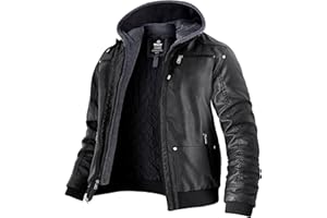 Wantdo Chaqueta de Piel Sintética para Hombre Abrigo Cálido Antiviento Chaqueta de PU Múltiples Bolsillos Retro para Motocicleta Chaqueta de Textura Mate Capucha Desmontable Hombre