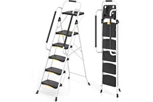 Urackify Escabeau Pliable 5 marches, Charge 360 kg, Verrouillage de sécurité, Pédales Larges, Accoudoirs, Escabeau escamotable léger pour la Maison, Cuisine, Placard et Bureau