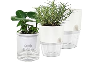 dancepandas Samonawadniające się doniczki do wnętrz, 3-pak plastikowych doniczek na kwiaty, doniczki na zioła, nowoczesne, proste, dekoracyjne doniczki z tworzywa sztucznego do wszystkich roślin domowych, kwiatów, ziół (białe)