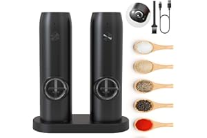 MERTTURM Elektryczny młynek do pieprzu i soli z ładowalną podstawą ładującą USB, automatyczny regulacja stopnia mielenia od drobnego do grubego, do kuchni, na kemping, grill,BBQ(1 szt/2szt)