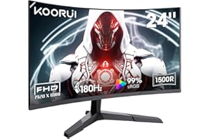 KOORUI 24 Inch Curved Gaming Monitor, 180Hz, FHD 1080P VA 1ms 1500R PC Monitors with Adaptive Sync, HDMI/DP, VESA Compatible, Tilt Adjustable