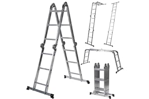 hjh OFFICE 12-stopniowa drabina wielofunkcyjna z 2 płytami rusztowania z litego aluminium W3 srebrna 345 cm Maksymalne obciążenie 150 kg 801202