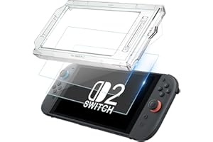 Jusy Paquete de 2 protectores de pantalla para Nintendo Switch 2 2025, con alineación automática, dureza 9H, transparente, antihuellas, antiarañazos, cobertura de pantalla completa, película de vidrio