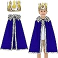 DKINY 2 Piece Kids King Costume, Children's King Cape, Blue Prince Cloak and Crown, Medieval King Royal Robe Outfit for 90-135cm Boys Nativity Halloween Fancy Dress Cosplay
