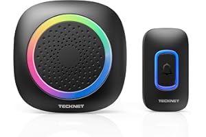TECKNET Sonnette sans Fil Exterieur Etanche a Pile, 400M Portée, Portable Sonnette sans Fil avec Indicateur RVB, 60 Mélodies et 5 Niveaux de Volume, pour Maison, Hôtel, Bureaux, Noir