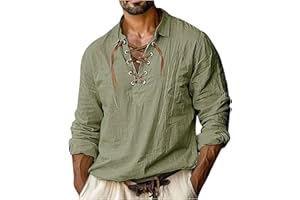 Rrongwn Langarm Hemden Für Herren Leinenhemd Freizeithemd Herren-Kostüm Oberteile Mit Schnürung Mittelalterliches Vintage-Kostüm Piraten Hemd Mit Revers