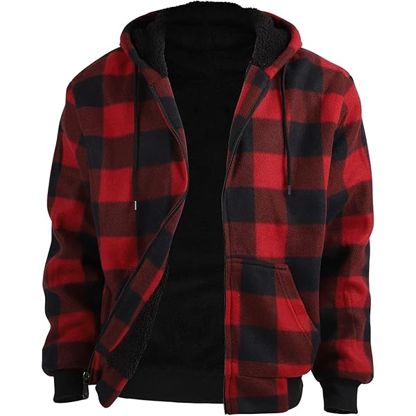 Men's Sherpa Lined Plaid Flannel Shirt Jacket - Full Zip Hooded