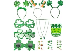 SILOM St. Patrick's Day Headband Glasses Costume Decorations Accessories, 17pcs Irish Green Shamrock Glasses Necklace Bracelets Stickers for Leprechaun Irish Fancy Dress Party Favors Decor