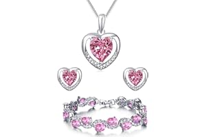 FINDOUT kaguyo heart jewellery sets for women sterling silver Amethyst red pink blue Crystal Heart pendant Necklace +stud earrings crystal bracelets set gift for women girls(f1682)