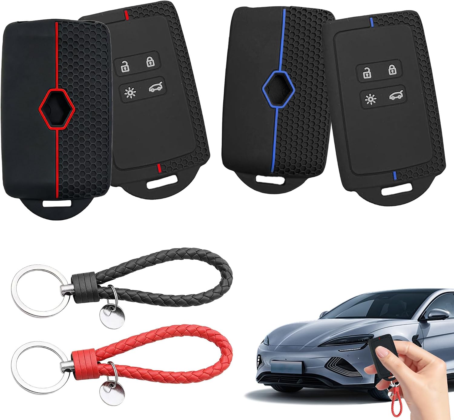 2PCS Car Key Cover for Renault and Dacia 4 Button Key Fob Holder for Renault, Clio, Megane, Kadjar, Captur, Soft TPU Car Key Card Protection Case with Keychain (Blue Line/Red Line)
