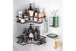 Augot Etagere Douche Sans Percage, Etagère de Douche d'angle Lot de 4, Étagère de Rangement Douche Noir Support Douche Auto-AdhéSif Accessoire Salle de Bain avec Porte Savon et Porte-brosse à Dents