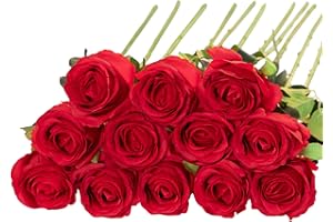 Floralsecret 12 Pcs Artificial Roses Flowers Silk Flower Bouquet Fake Single Stem with Long Stem for Home Wedding Party Garden Decoration (Red)