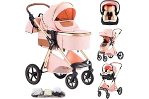 Shineey Kinderwagen 3 in 1,Faltbarer Puppenwagen Set,Reisesysteme kinderwagen Kinderkarre komplettset Neugeborener Tragbarer Mit Höhenverstellbarer Rahmen Aluminiumlegierung (H2/PINK, H2)