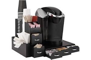 Mind Reader Anchor Collection, 3-Drawer Single Serve Pod Organizer, 36 Pod Capacity, 13.5" L x 12.25" W x 2.5" H and 10-Compartment Cup and Condiment Set, 5.35" L x 11.25" W x 11.15" H, Black
