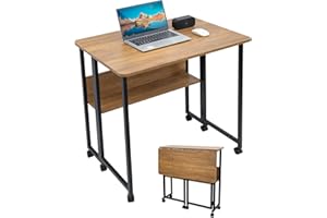 Fiutazge Scrivania Pieghevole Salvaspazio,Tavolo a Scomparsa con Ruote e Scaffale,Facile da Assemblare,Scrivania da PC Per Piccoli Spazi,Ufficio,Tavolo da Lavoro,Marrone+ Nero