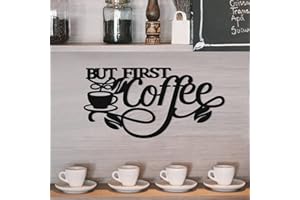 SEGNAYEN Letrero de metal negro con texto en inglés "But First Coffee", decoración de pared de café, letrero colgante con taza de café y frijoles, 35 x 18 cm, decoración de cocina para el hogar, estación de