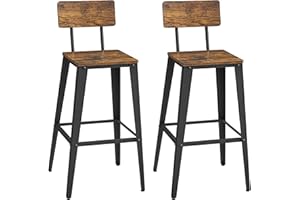 ‎VASAGLE VASAGLE Set of 2 Bar Stools Kitchen Chairs with Back Rest Steel Frame Easy Assembly Industrial Design Vintage Brown Ink Black LBC078B01