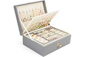 Chelory Jewellery Box Organiser for Women Girls, 3 Layer Large Jewellery Storage Case for Rings Earrings Necklace Bracelets Faux Leather Jewelry Gift Box (Grey)