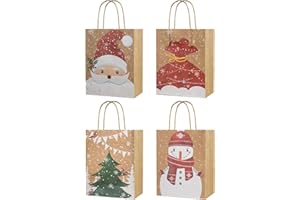 CHARMGIFTBOX 12PCS Kraft Christmas Paper Bags with Handles, 23x18x10cm Jute Brown, 4 Festive Designs for Holiday Party Favours, Gift Wrapping & Xmas Decor