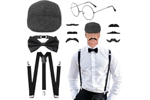 Glirop 5PCS 1920s Gatsby Costume Accessories Set, Mens Fancy Dress with Beret Glasses Bow Tie Fake Beard Suspenders Gangster Costume Set for Gatsby Cosplay Party