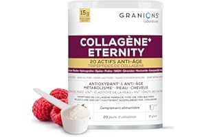 GRANIONS | COLLAGENE MARIN + ETERNITY - Hydrolisé 15g – Collagene et Acide Hyaluronique, Biotine, NADH, Coenzyme Q10, Vitamine E, Antioxydants – Anti Age, Beauté Peau & Cheveux- Goût Framboise 343g