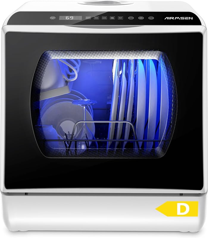 AIRMSEN Mini Table Top Dishwasher - Upgraded 6 Programs Portable Countertop Dishwasher No Plumbing with 2 Water Supply Modes for Kitchen Apartment Outdoor - with Baby Care Mode