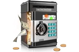 Yellcetoy Money Box for Kids Ages 3-12, Money Bank Piggy Bank for Boys Girls Electronic Password Cash Coin Can Auto Scroll Paper Money ATM Password Money Safe Kids Birthday Xmas Gifts Black