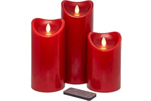 TRONJE Set di 3 LED Candela a Batteria 15+19+23cm con Timer e Telecomando - Durata Luce 1000 ore - Candela di Vera Cera con Fiamma Realistica - Rosso