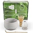 YHOME Matcha Tea Set,4pcs Japanese Matcha Whisk Set,White Gray Matcha Bowl Matcha Whisk Stand, Matcha Whisk and Tea Scoop,Traditional Matcha Tool Set for Matcha Tea Ceremony