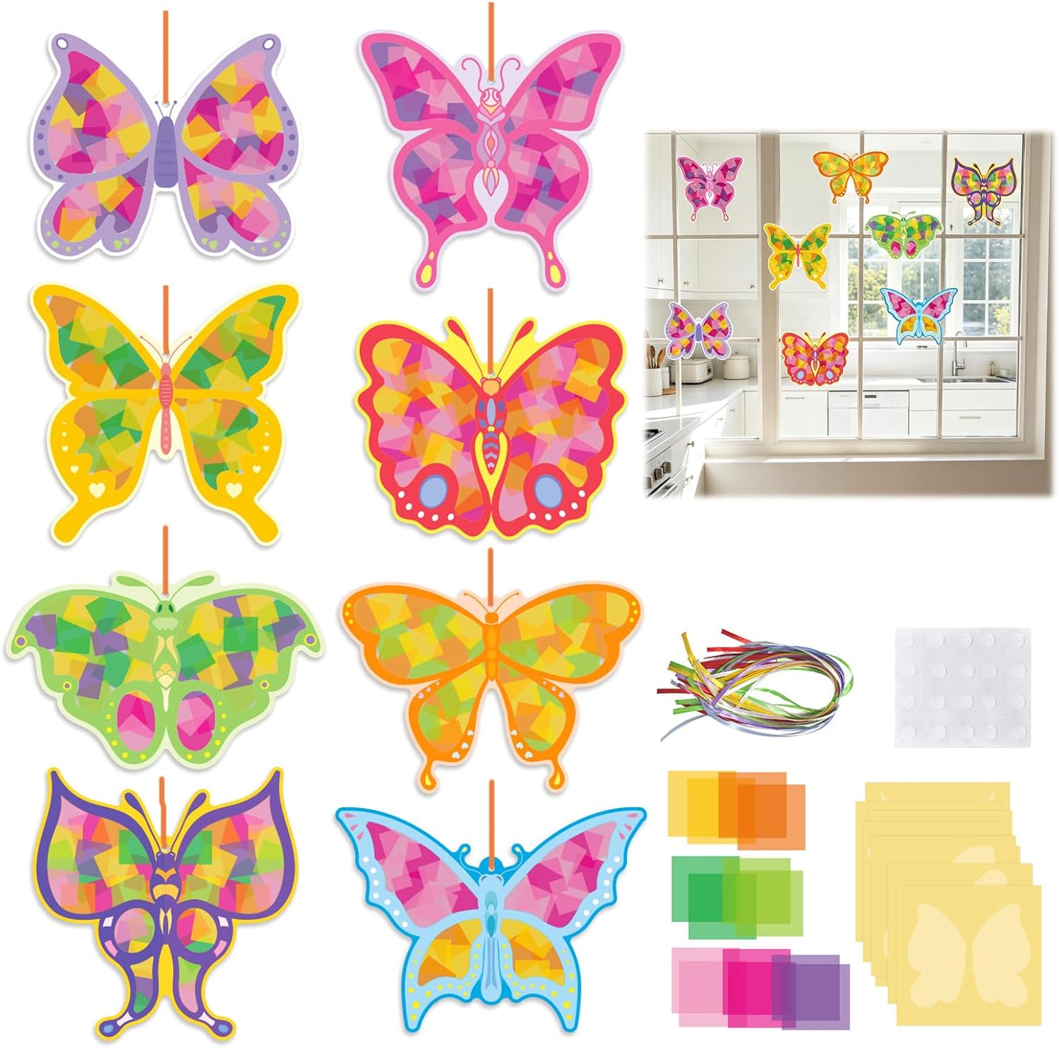 Gemejutor Decoraciones De Ventanas Manualidades Niños Primavera – 24 Mariposas Kit Manualidades DIY Decoraciones Ventanas Papel con Lámina Autoadhesiva, Manualidades Primaverales para Niños Jardín