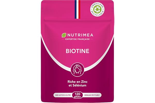 BIOTINE | Sans Excipient | Accélère la Pousse des Cheveux & Ongles | Avec Vitamine B8, Pépins de Courge, Zinc et Sélénium | 120 Gélules Vegan | Fabrication Française | Nutrimea