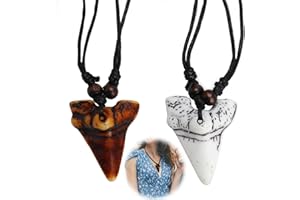 TWOBUD 2Pcs Surfers Necklace Pendant Simulated Shark Tooth Design Handwoven Necklace Humanized Resin Material Adjustable Beach Jewellery Suitable Cotton Cord for Men and Women