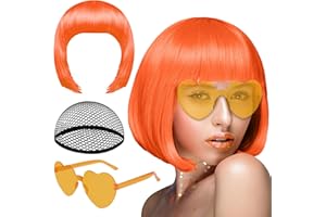 PLULON Orange Short Bob Wig and Sunglass Set, Neon Short Bob Wig Sunglass Pack Costume Colorful Cosplay Wig Hairpieces for Bachelorette Neon Party Favors, Halloween Decorations